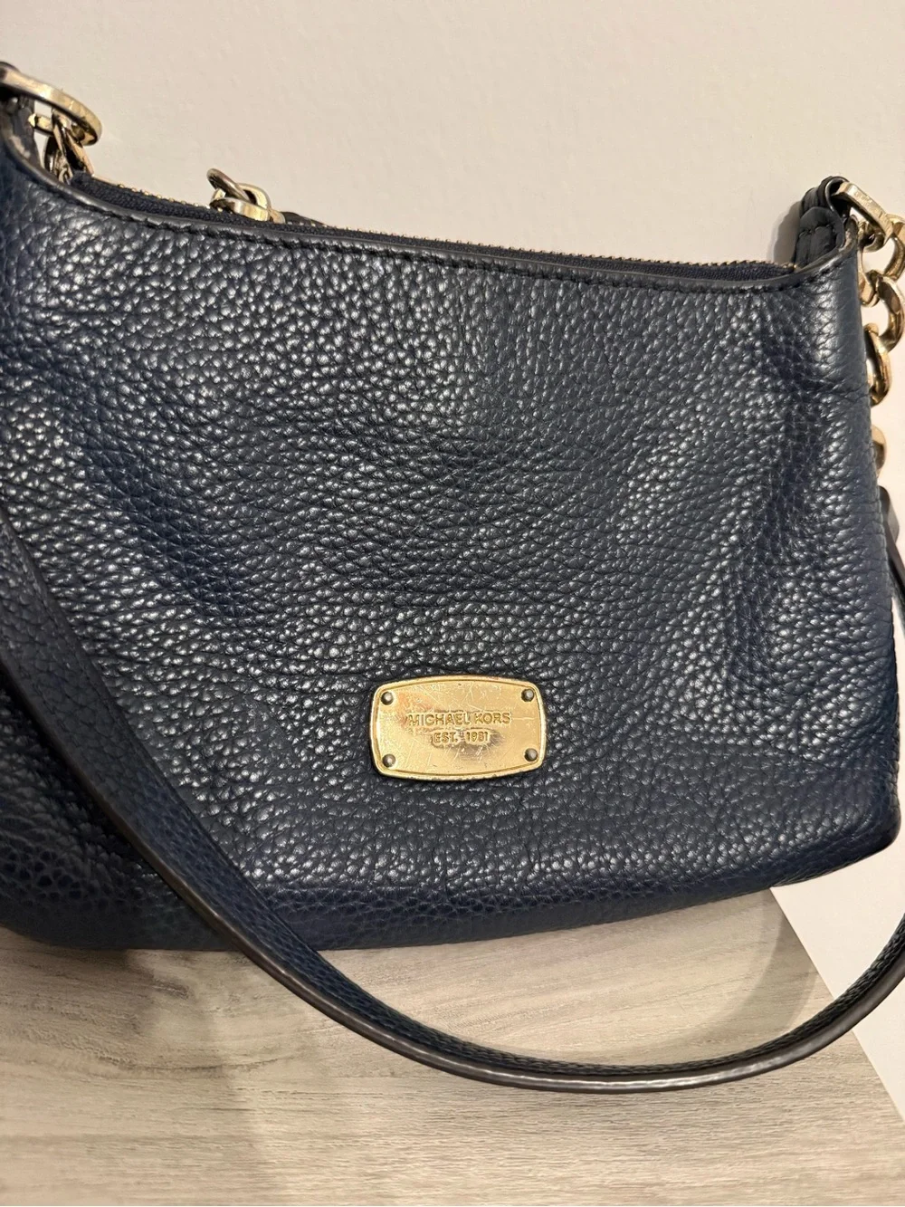 Michael Kors Navy Pebbled Leather Convertible Crossbody with Gold Hardware